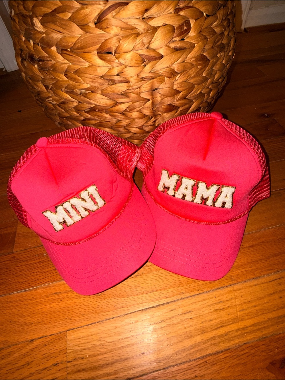 Matching 'MAMA' and 'MINI' Hot Pink Mesh Trucker Hats